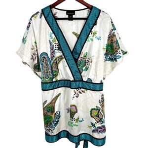 Lane Bryant Plus Size 22/24 Teal Green Silky Paisley Tropical Blouse Shirt Top